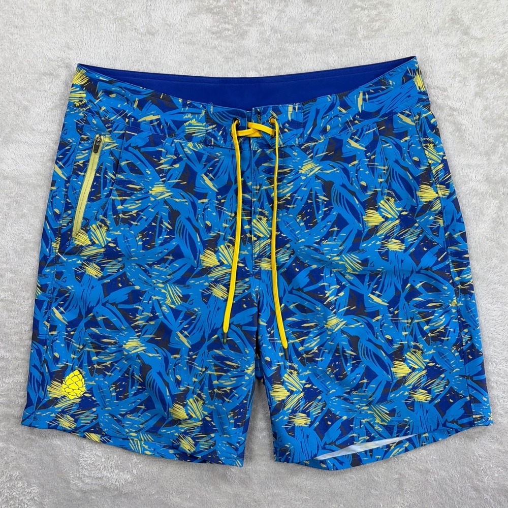 Stio CFS Board Shorts Mens 32 Blue Yellow Abstract Print Outdoors Swim Trunks